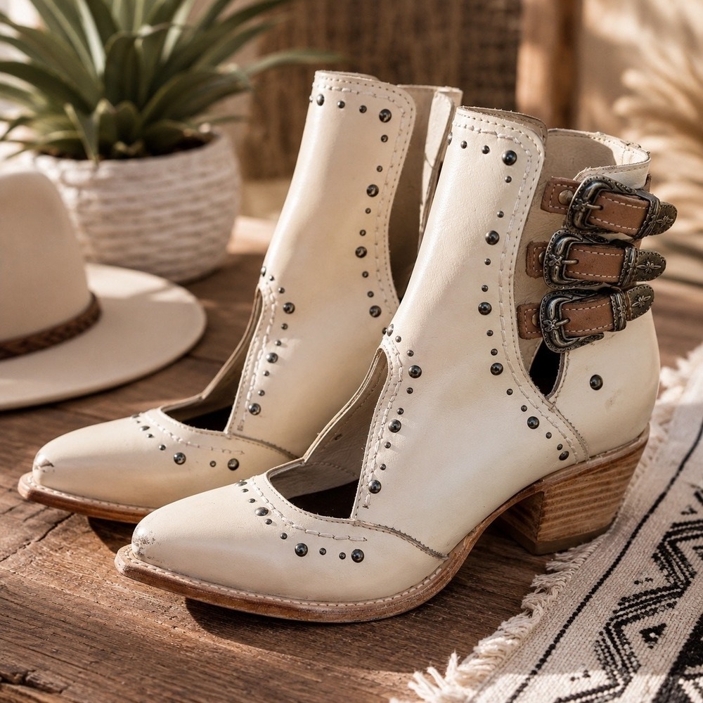 Freebird Melody Leather Studded Cutout Ankle Boots Ivory Size 6